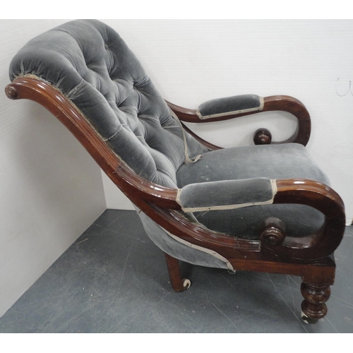 451 - Victorian mahogany-framed button-back open armchair, upholstered in later pale blue Dralon, open scr... 