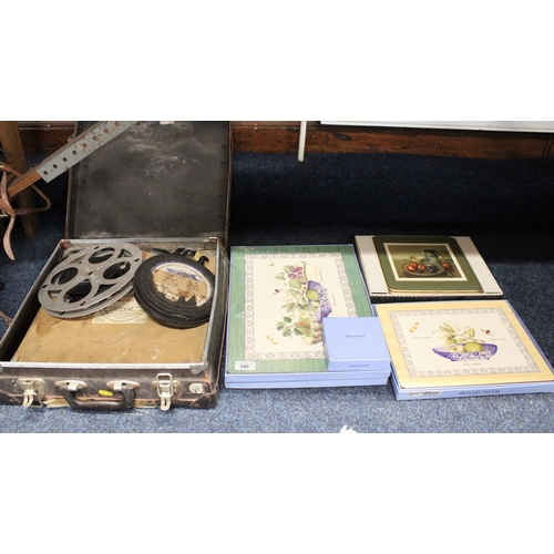 145 - Case containing reels and Wedgwood boxed table mats.