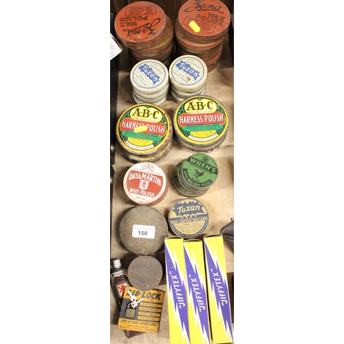 150 - Vintage tins to include ABC harness polish, Vienna wax polish, Tucson canvas dressings, etc.