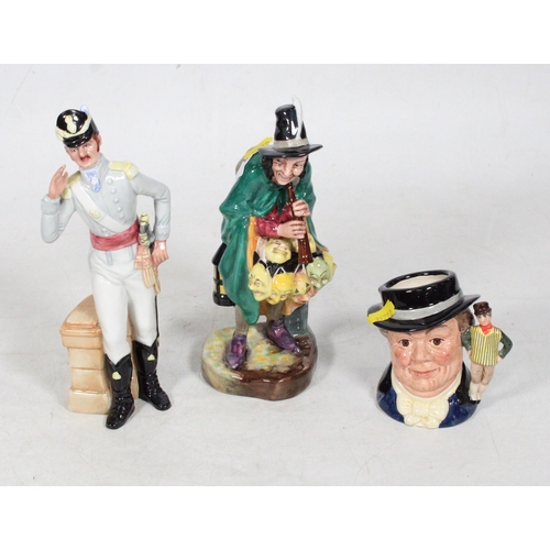 166 - Royal Doulton figurines HN2103 The Mask Seller and HN2915 Morning Man, and D7025 character jug Mr Pi... 