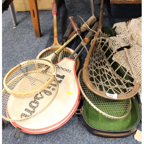 169 - Vintage lacrosse stick Slazenger, and other, badminton rackets.