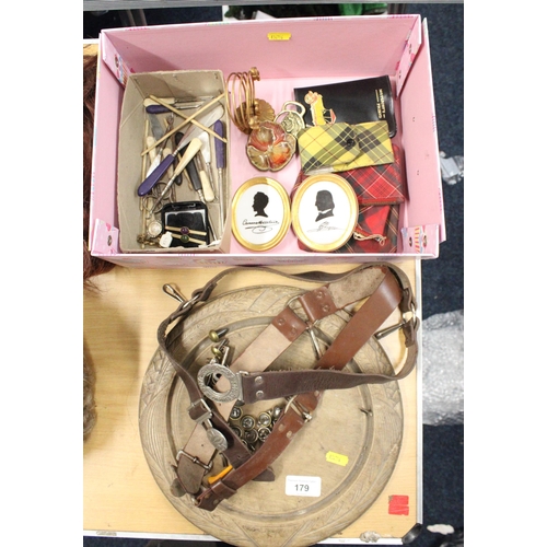 179 - Vintage Boy Scout belt, a similar Girl Guide belt, a wooden chopping board, and a box containing a p... 