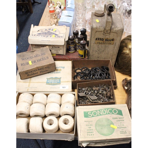 181 - Vintage boxes to include Finlayson thread, Woodmill rubber heels, etc., and an Esso blue paraffin oi... 