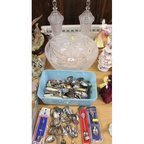 187 - Pair of heavy cut crystal lidded bonbonniere, a similar bowl and souvenir spoons.