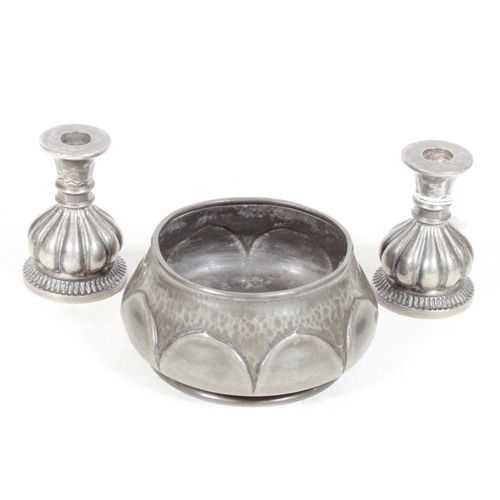 197 - Arts & Crafts style pewter bowl and a pair of Just Andersen Danish candle holders.