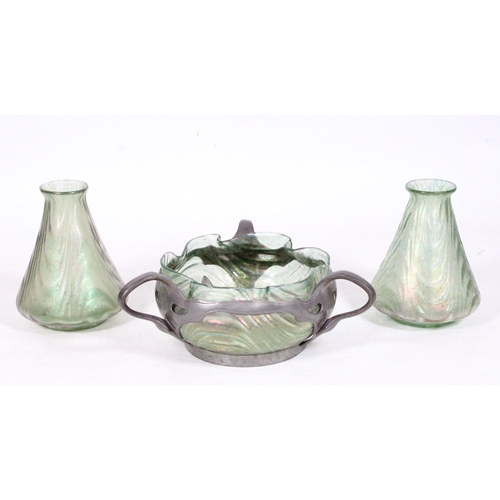 198 - Loetz glass bowl with applied pewter decoration and two Loetz iridescent glass vases.