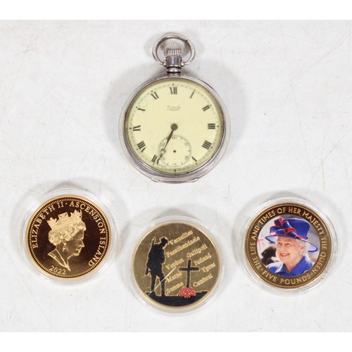 201 - Silver pocket watch and commemorative coins.