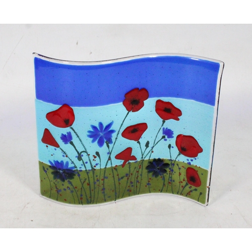 209 - Fused Art Glass Red Poppies, Blue Sky and Green Grass wave sculpture, 21cm high.