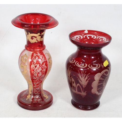 218 - Two ruby flash glass vases with engraved decoration.