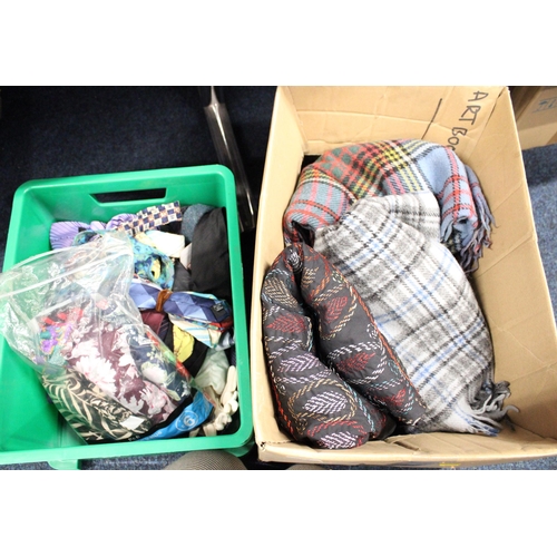 254 - Two boxes containing blankets, ties, scarfs, etc.