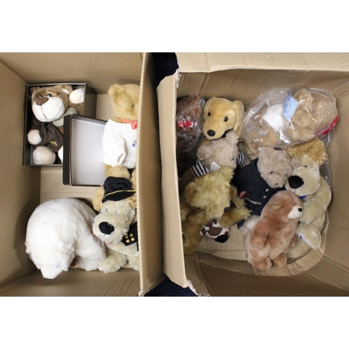 257 - Two boxes containing teddy bears and other soft toys.