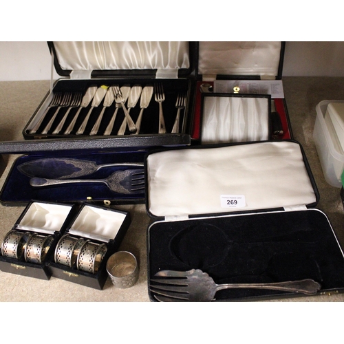 269 - Silver-plated cutlery, fish servers, fish knives and forks, coffee spoon, napkin rings, etc.