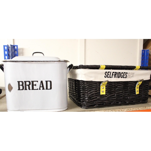 286 - Vintage enamel bread bin and a Selfridges & Co. wicker picnic basket.