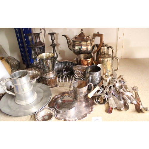 298 - Silver-plated flatware, trophies, pewter dishes, etc.