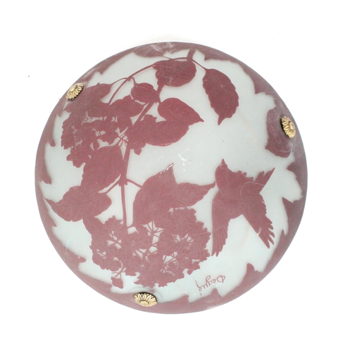 309 - Cameo glass shade decorated with birds and leaves and signature to the front 'Degue'