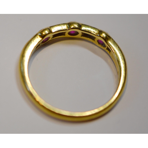 170 - 18ct gold diamond and ruby ring with collet-set princess-cut diamonds, size N, 2.8g gross.