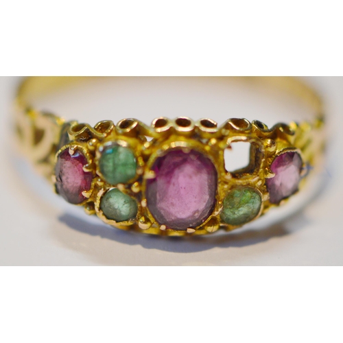 190 - Late Victorian lady's 15ct gold amethyst and gem-set ring, stamped '15' and '625', size Q, 1.8g gros... 