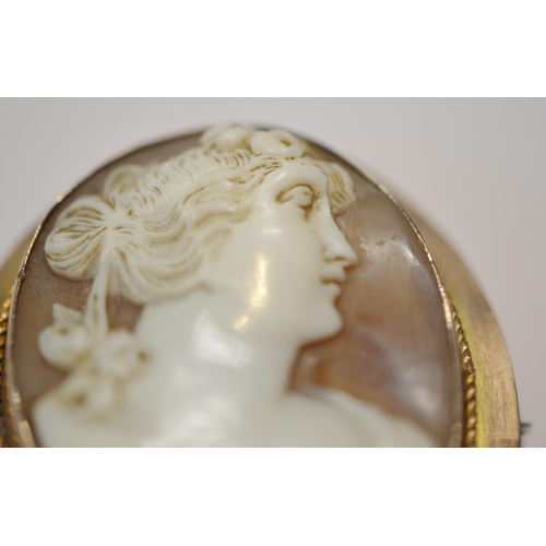 194 - 9ct gold-mounted cameo brooch with an oval carved bust of a classical female to the obverse, 10.8g g... 