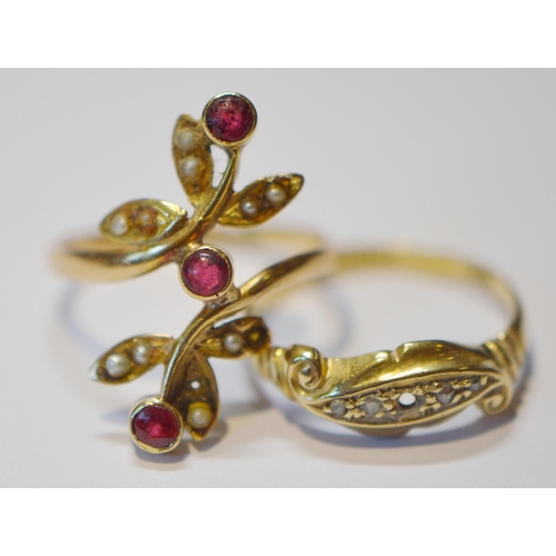 195 - Ruby and seed pearl ring in gold and another, 18ct, size N, 4.4g gross.  (2)