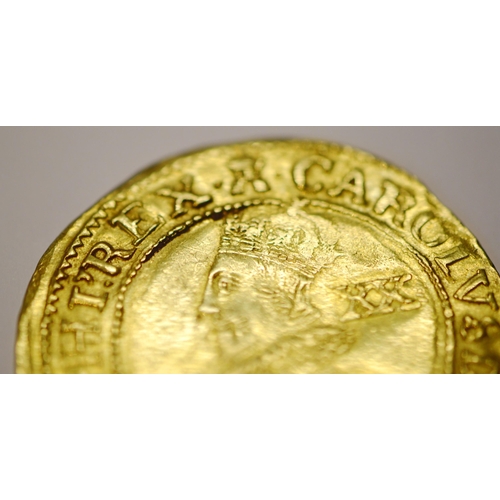 274 - Charles I (1625-1649) twenty shilling hammered gold unite coin, c 1638-39, draped bust with lace col... 