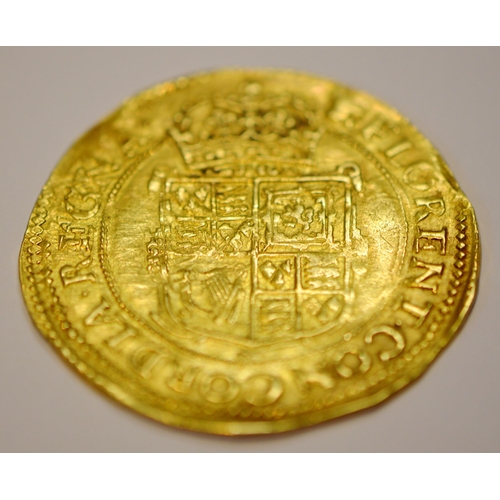 274 - Charles I (1625-1649) twenty shilling hammered gold unite coin, c 1638-39, draped bust with lace col... 