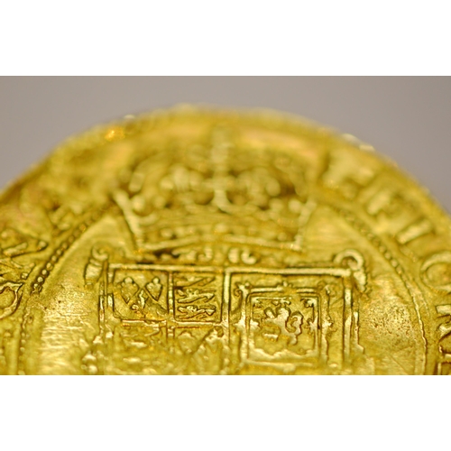 274 - Charles I (1625-1649) twenty shilling hammered gold unite coin, c 1638-39, draped bust with lace col... 