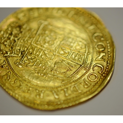 274 - Charles I (1625-1649) twenty shilling hammered gold unite coin, c 1638-39, draped bust with lace col... 