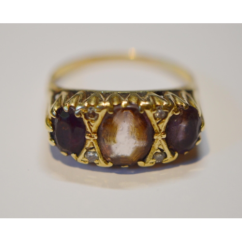 211 - Garnet and pearl cluster ring and another, three-stone ring, both 9ct gold, size P and R, 8.4g gross... 