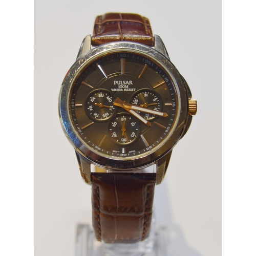 290 - Pulsar quartz chronograph watch, on leather strap, ref no. 380192, with box.