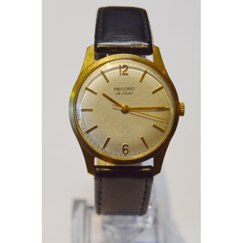 293 - Record de Luxe 9ct gold gent's watch, manual, 1972, engraved to case, on leather strap.