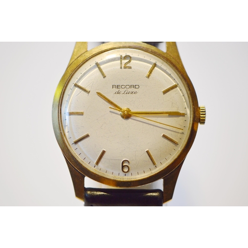 293 - Record de Luxe 9ct gold gent's watch, manual, 1972, engraved to case, on leather strap.