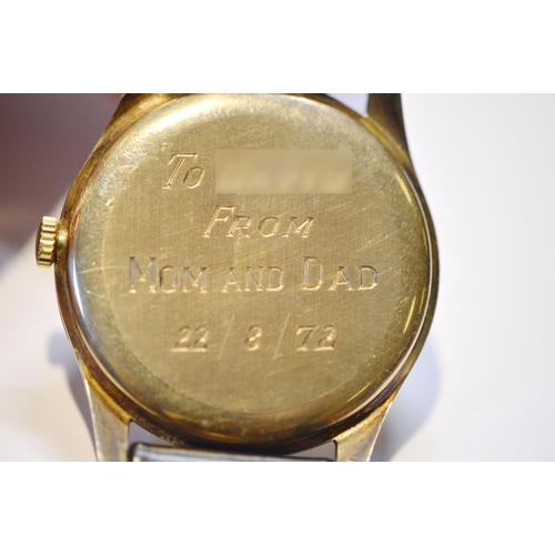 293 - Record de Luxe 9ct gold gent's watch, manual, 1972, engraved to case, on leather strap.