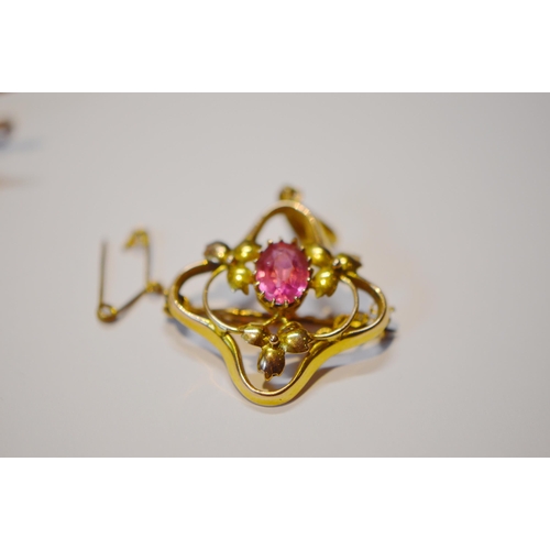 220 - Gold pin set with tourmaline and pearl, '15ct', 2.6g gross, a 9ct gold brooch, 3g gross, and a scarf... 