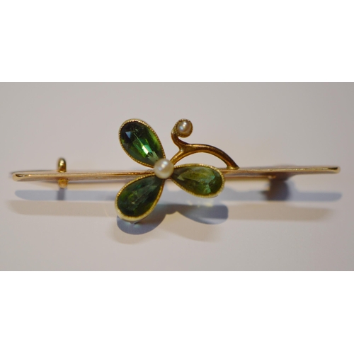 220 - Gold pin set with tourmaline and pearl, '15ct', 2.6g gross, a 9ct gold brooch, 3g gross, and a scarf... 