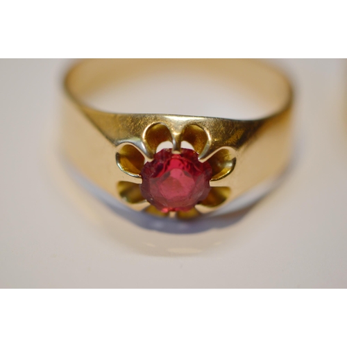 226 - Gold garnet ring, size W, 7g gross, and another 14k gold ruby ring, size X, 5.8g gross.  (2)