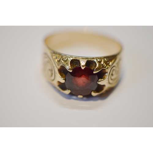 226 - Gold garnet ring, size W, 7g gross, and another 14k gold ruby ring, size X, 5.8g gross.  (2)