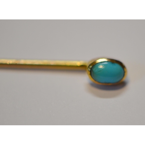 240 - 9ct gold opal scarf pin and two others in 9ct gold, set with a turquoise and pearl, 2.1g gross.  (3)