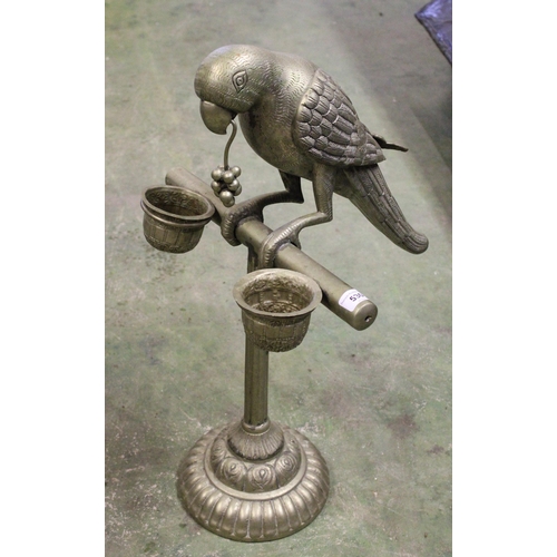 530 - Brass parrot double candlestick holder, 61cm tall.