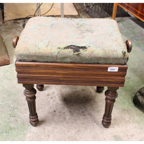 533 - Upholstered piano stool with fluted legs.