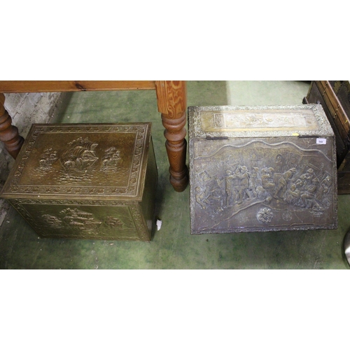 548 - Carved brass coal storage box, and another.  (2)