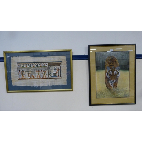 1 - After Rajndera SinghProwling tigerPrint, and a papyrus Egyptian-style picture, both framed and glaze... 