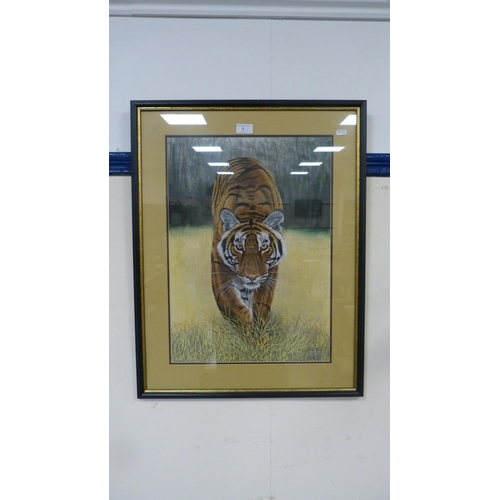 1 - After Rajndera SinghProwling tigerPrint, and a papyrus Egyptian-style picture, both framed and glaze... 