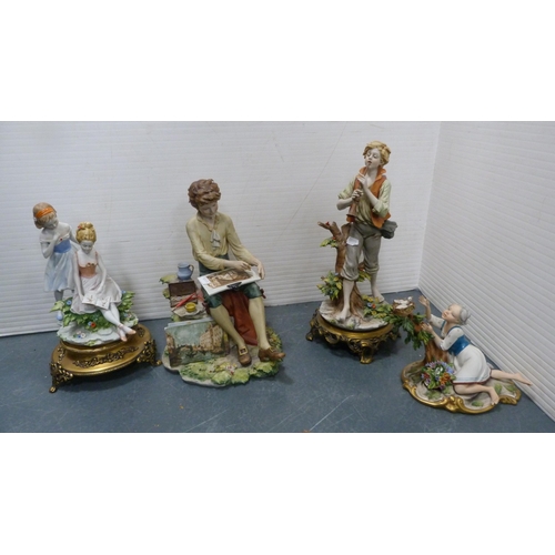 100 - Four Italian Capodimonte-style figures modelled as girls reading, a girl with chick, boy playing an ... 