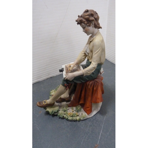 100 - Four Italian Capodimonte-style figures modelled as girls reading, a girl with chick, boy playing an ... 