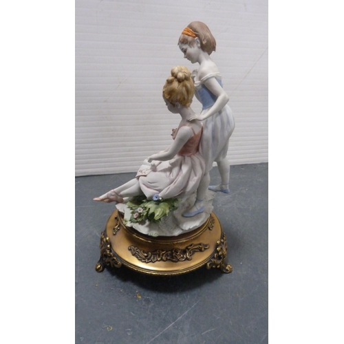 100 - Four Italian Capodimonte-style figures modelled as girls reading, a girl with chick, boy playing an ... 