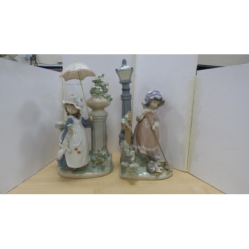 101 - Pair of Lladro bookends in the form of a girl holding a parasol and a girl sweeping with a kitten ne... 