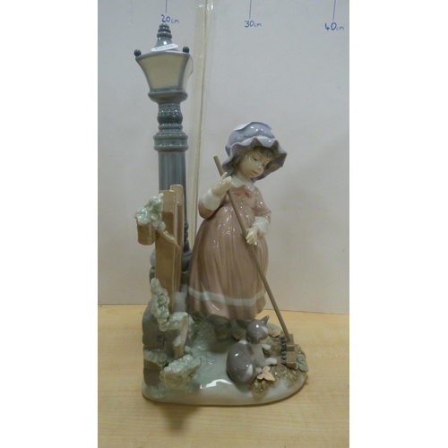 101 - Pair of Lladro bookends in the form of a girl holding a parasol and a girl sweeping with a kitten ne... 