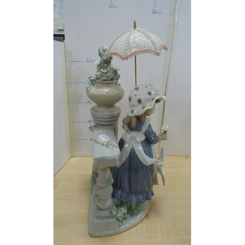 101 - Pair of Lladro bookends in the form of a girl holding a parasol and a girl sweeping with a kitten ne... 