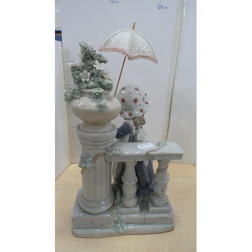 101 - Pair of Lladro bookends in the form of a girl holding a parasol and a girl sweeping with a kitten ne... 