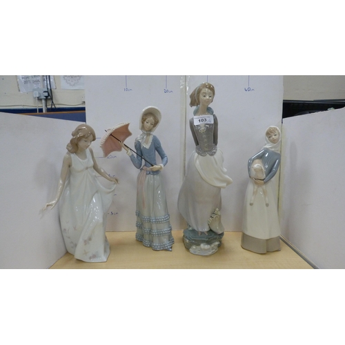 103 - Four Lladro figures to include a female holding a parasol, girl holding a lamb etc.  (4)